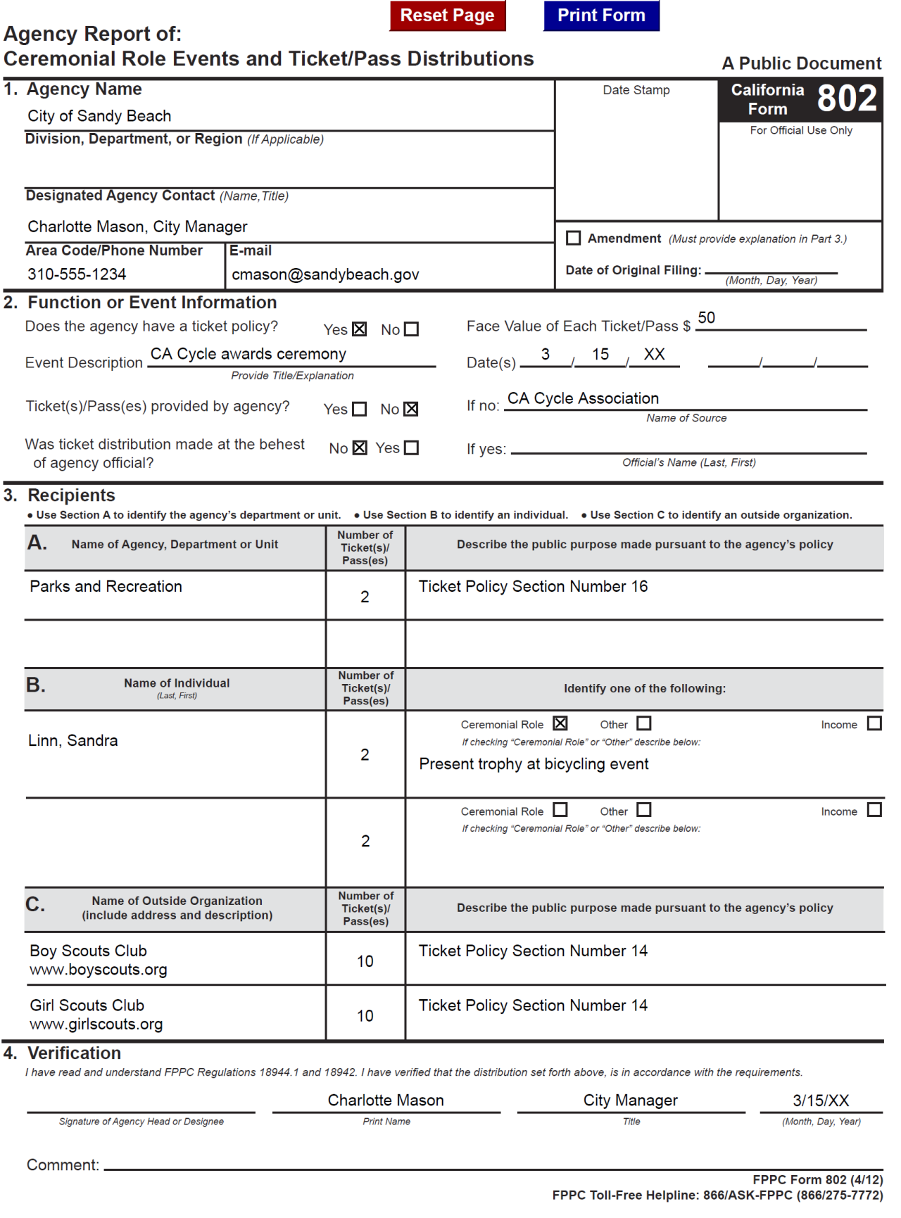 Example of filled out Form 802. Full description below.